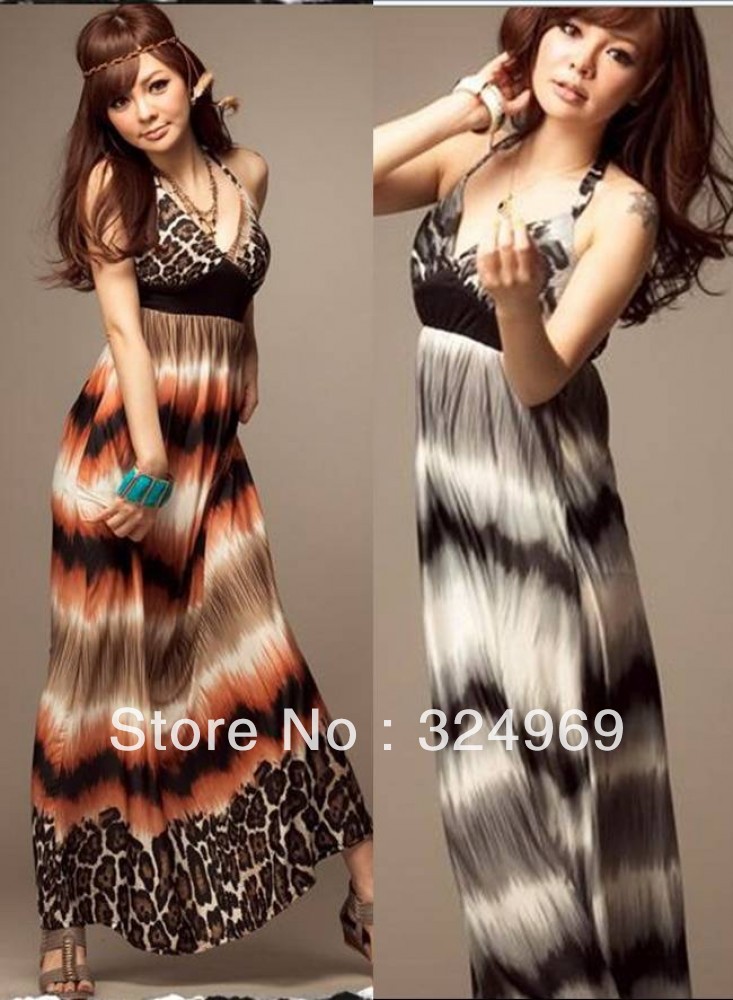 Orange/Grey Festival Long Beach Vintage Leopard Tie Dye Halter Maxi Dress 9147#