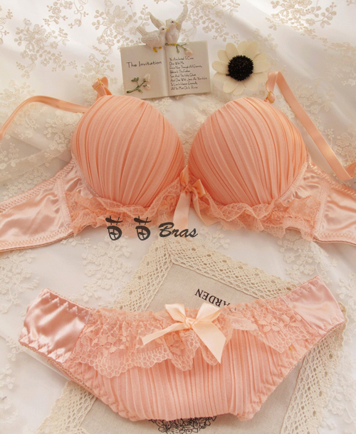 Orange powder . high quality chiffon pleated deep V-neck lace ruffle 3 breasted adjustable sweet push up bra