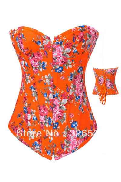 Orange Print Big Peony Sexy Corset and Bustier LB4450 Size S M L XL 2XL