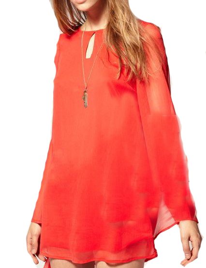 Orange Round Neck Long Sleeve Chiffon Dress free shipping for epacket and cpam