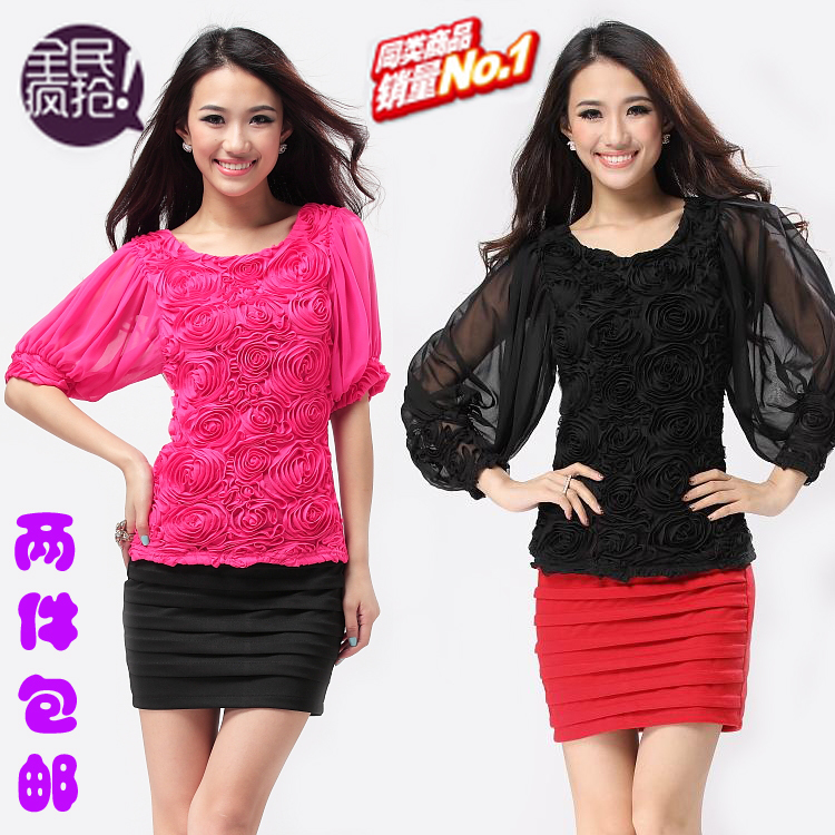 Original design 2012 autumn lantern sleeve basic shirt three-dimensional rose top