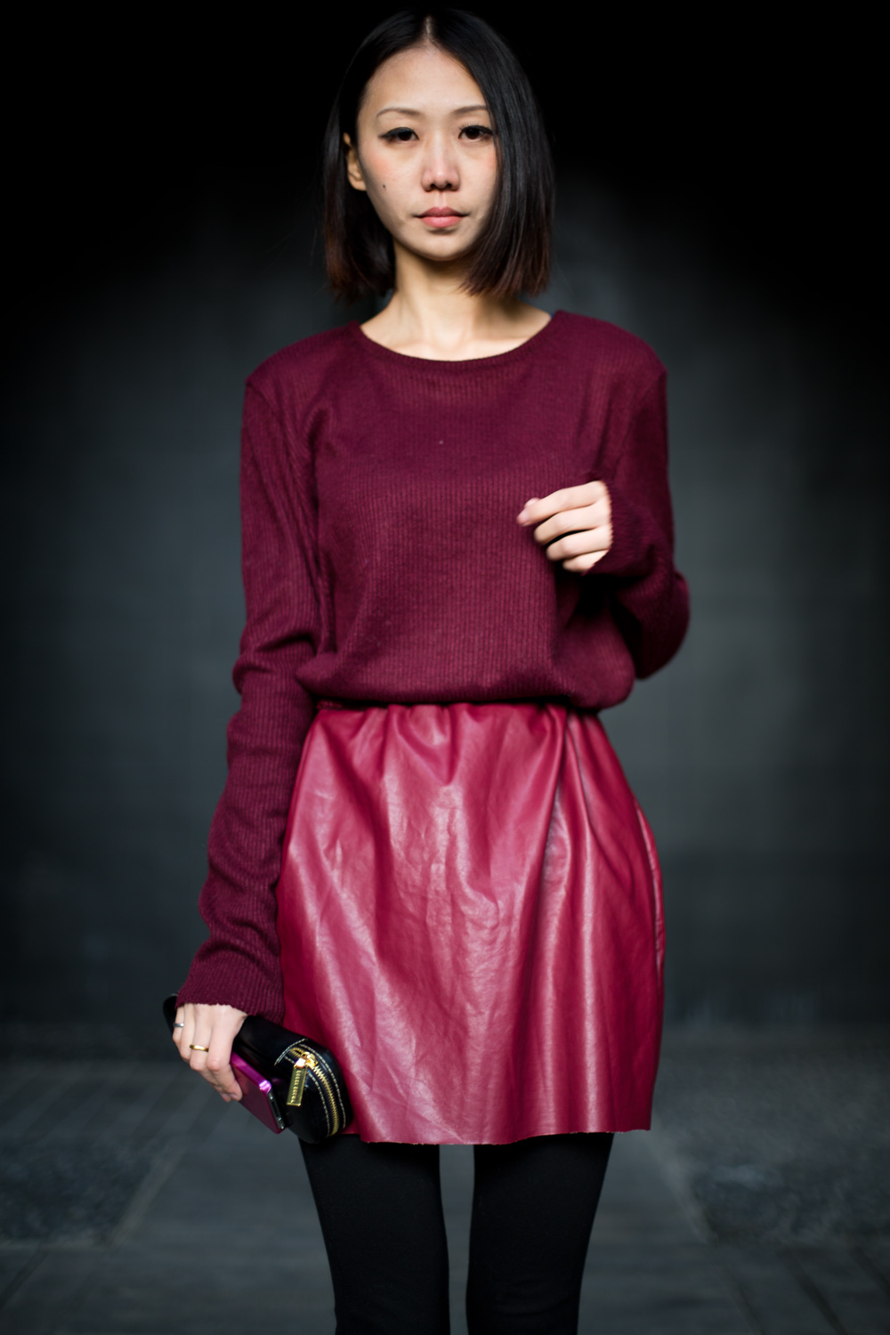 Original design Wine red one-piece dress leather skirt leather fashion twinset one-piece dress 2013 women's spring