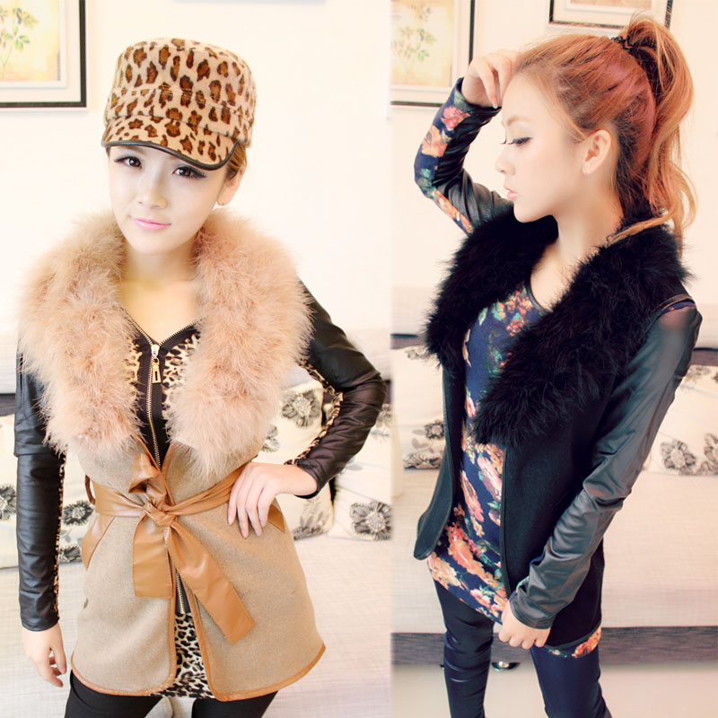 Ostrich fur large fur collar knitted medium-long vest slim lacing outerwear women's fashion