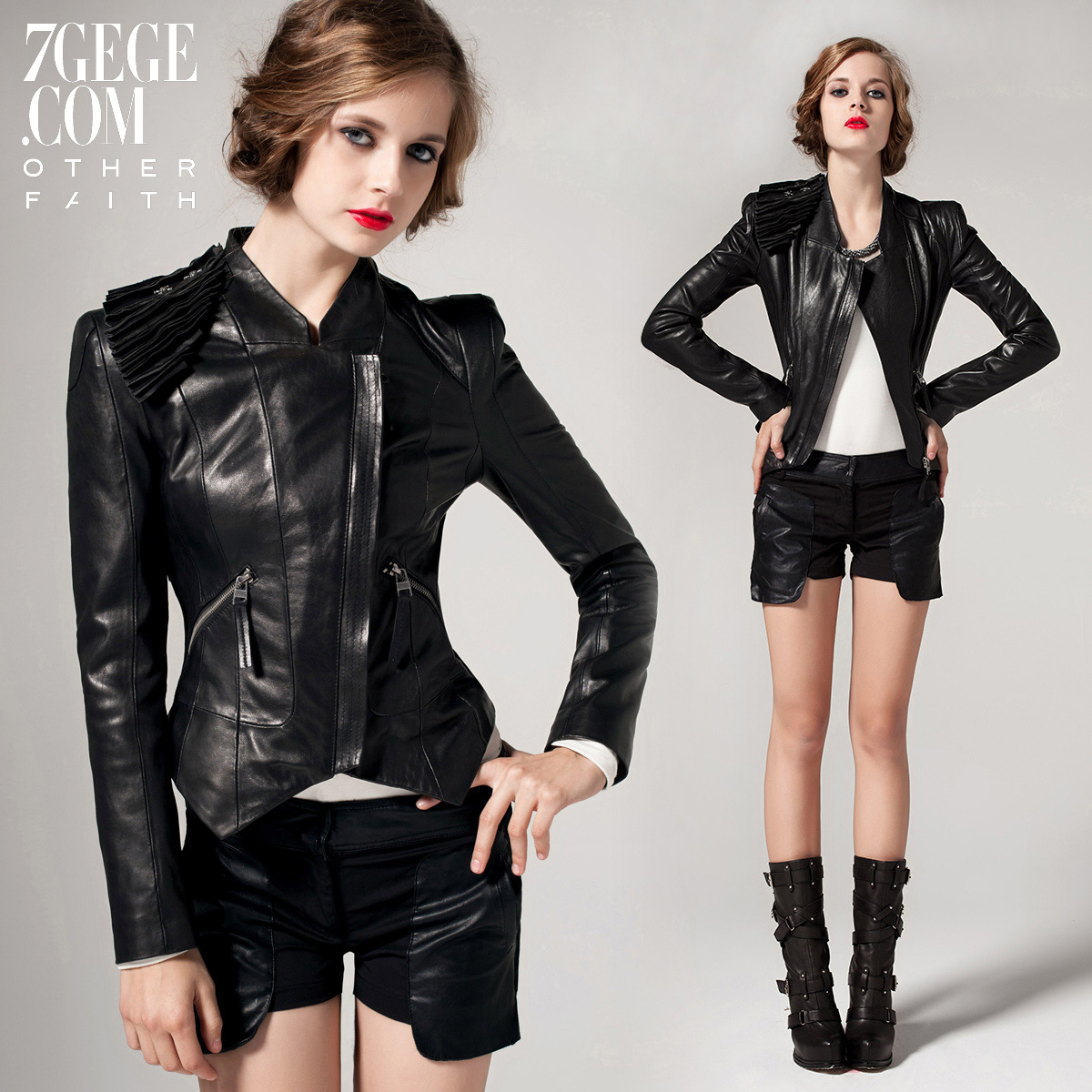 Otherfaith sheepskin clothes female short design black slim genuine leather clothing 13g30033