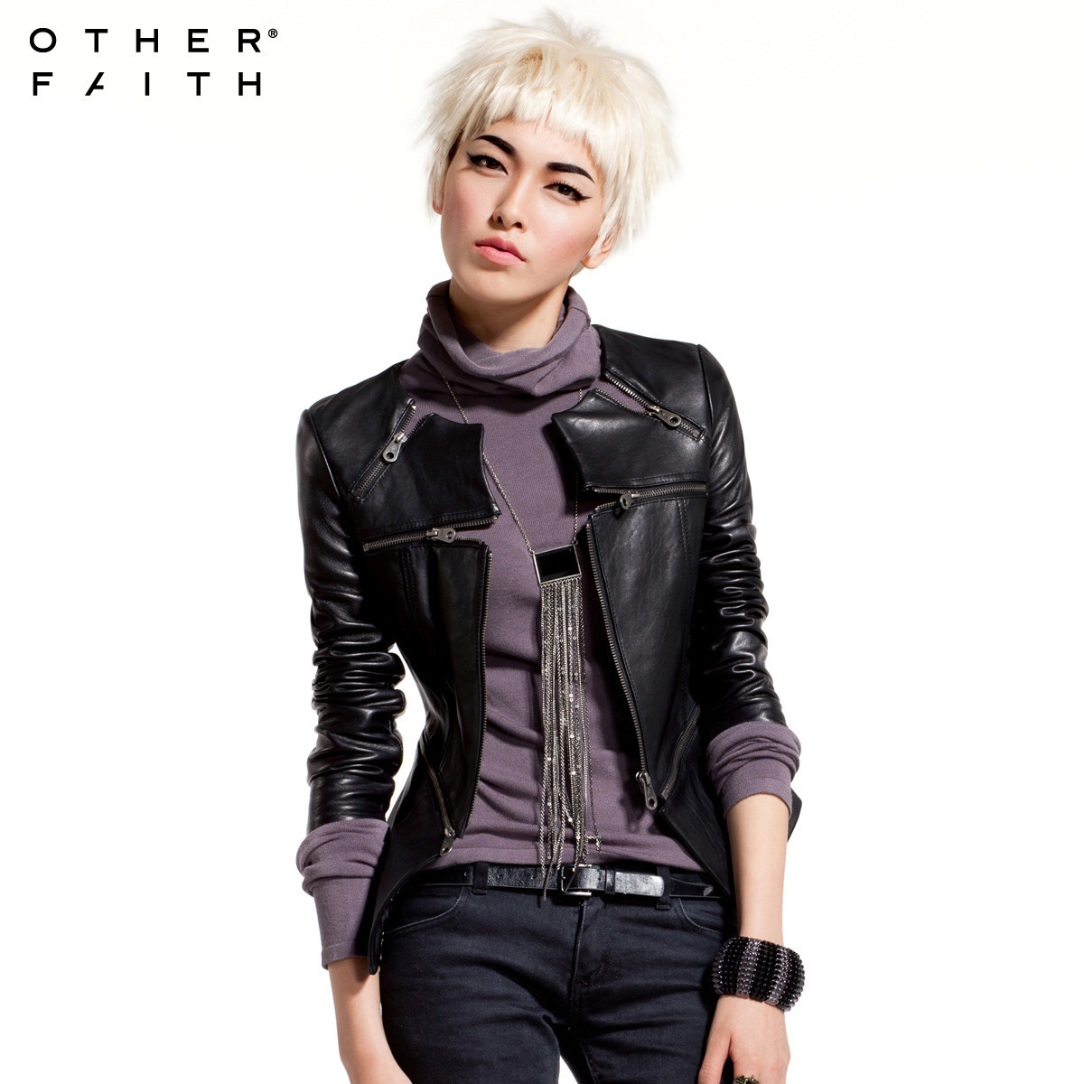 Otherfaith short design genuine leather clothing spring and autumn black 13g30011