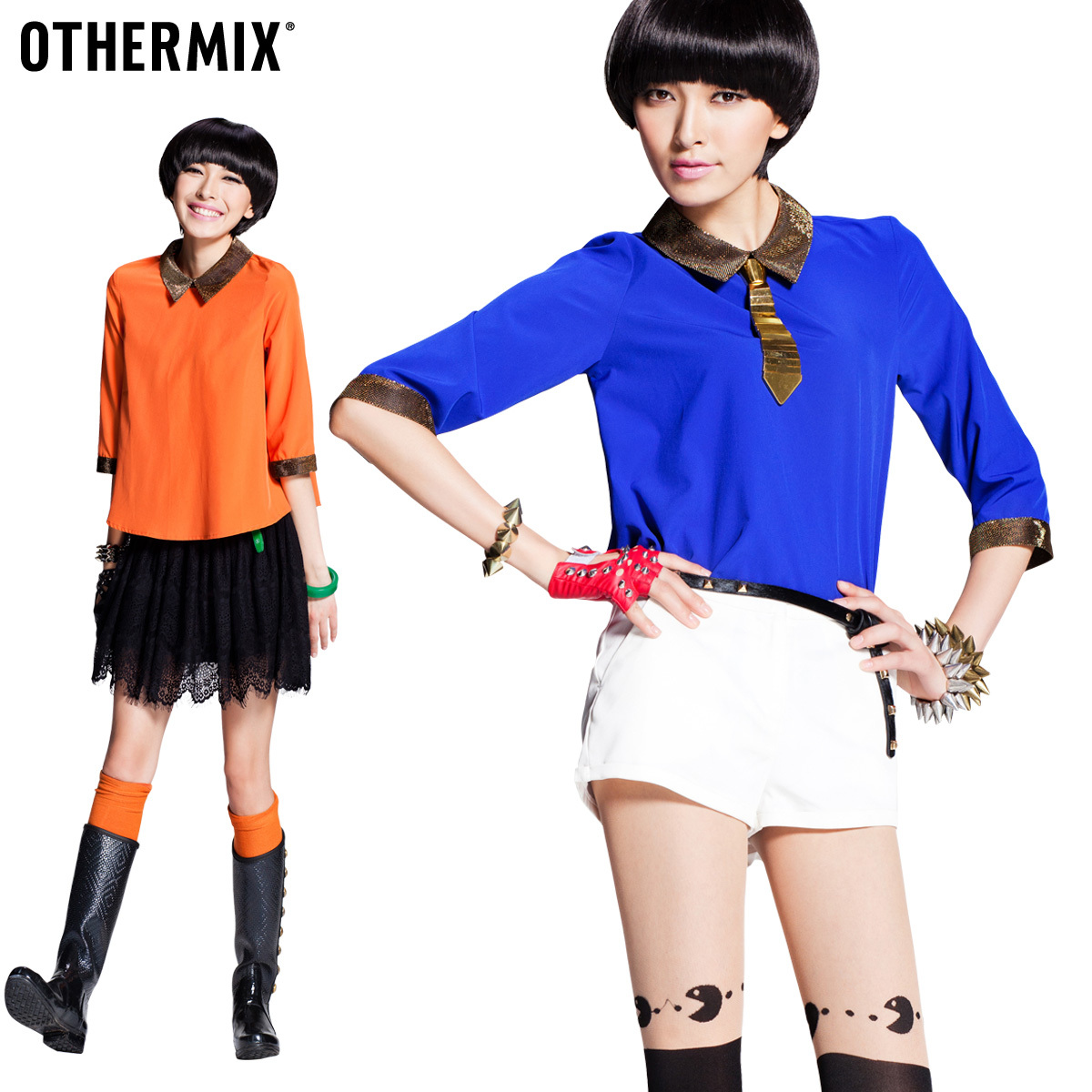 Othermix 2013 chiffon top women's half sleeve chiffon shirt peter pan collar 22r3208