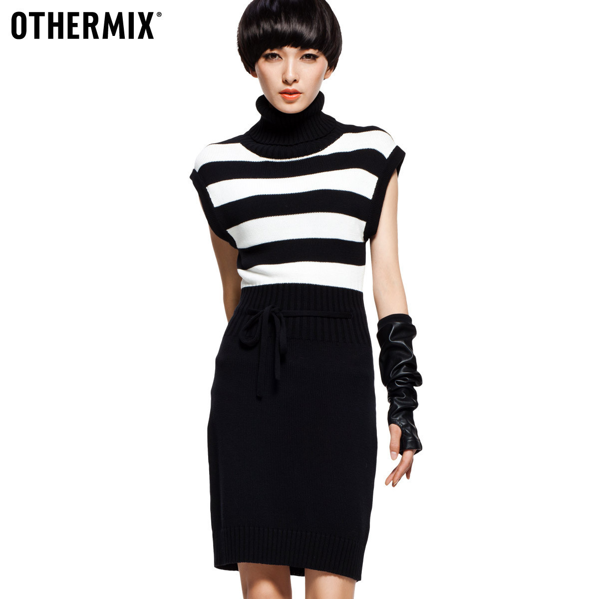 Othermix black-and-white stripe 100% cotton sweater turtleneck slim pullover sweater dress 12m30007