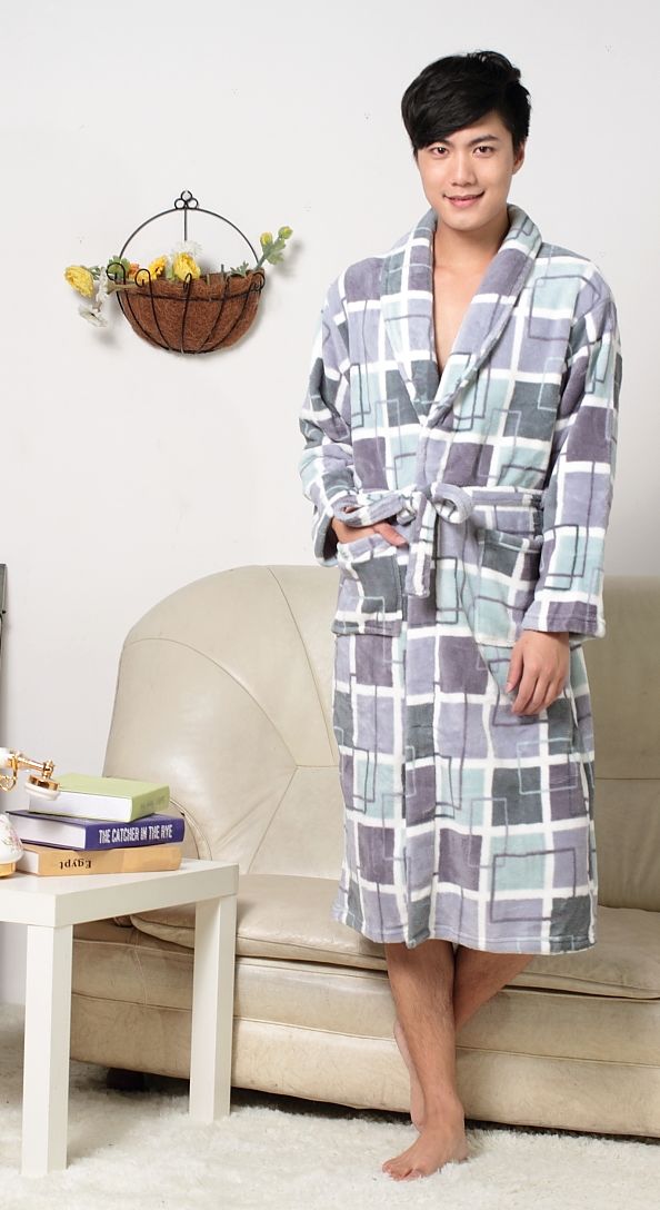 OTTO 2 male classic plaid ultrafine thick coral fleece sleepwear robe bathrobes plaid print free shipping