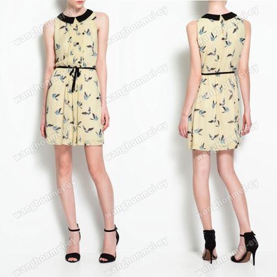 out of stock  Contrasting Collar Chiffon Sleeveless Dress With Bird Print