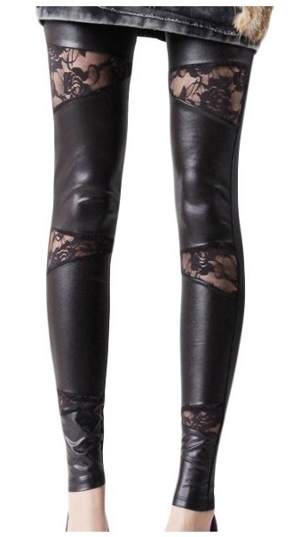 OUT STOCK 9-128 Fashion Women Lace Metallic Pu Leather Leggings Plus Size Free Shipping Wholesale 5pc/lot