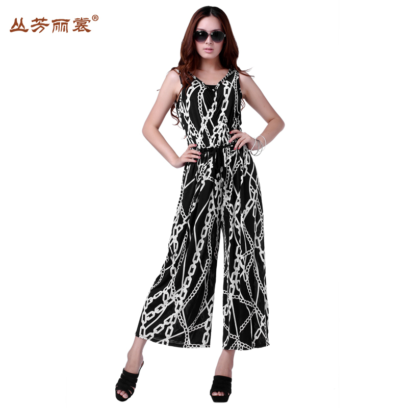 OUT STOCK FREE SHIPPING FH-040 Women Vintage Black White Chain Stripe Loose Vest Jumpsuit Overalls Casual Pants PLUS SIZE