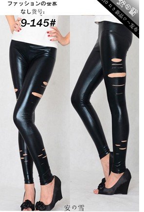 OUT STOCK FREE SHIPPING+Wholesale 5pc/lot 9-145 Women New Side Destroyed Shiny Leather Look Metallic Punk leggings/Pants