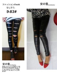 OUT STOCK FREE SHIPPING+Wholesale 5pc/lot 9-83 Black Pu leather Destroyed Hole Fashion Punk Style Women Pants