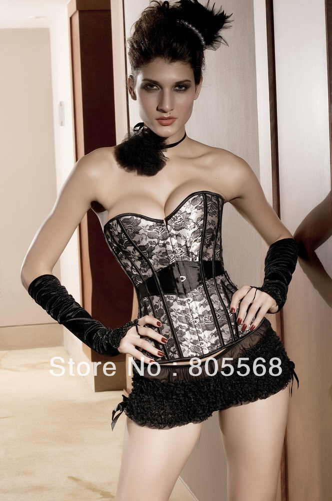 Overbust Lace Corset With G-String-BLACK