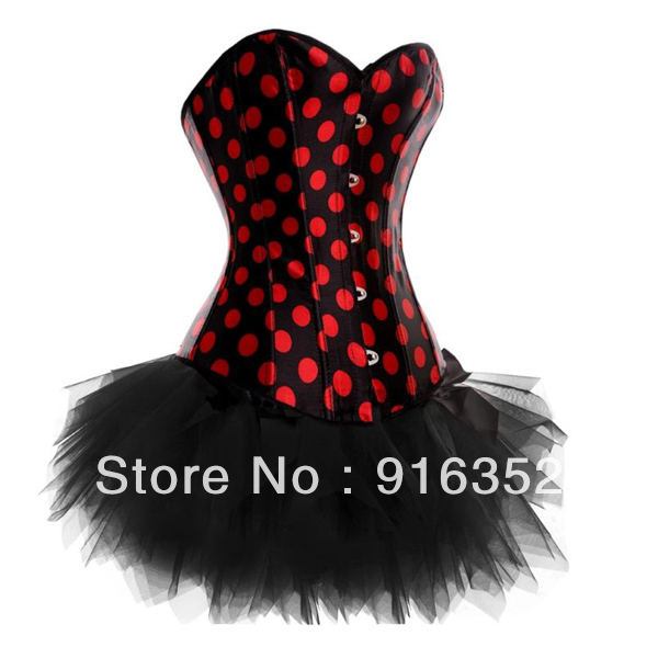 Overbust Red Dot Corsets Bustier Tutu Skirts-Halloween Burlesque Fancy Dress Free Shipping