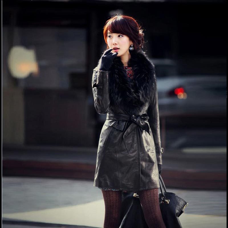 Overcoat large raccoon fur slim plus cotton thermal long design leather clothing fashion women's trench