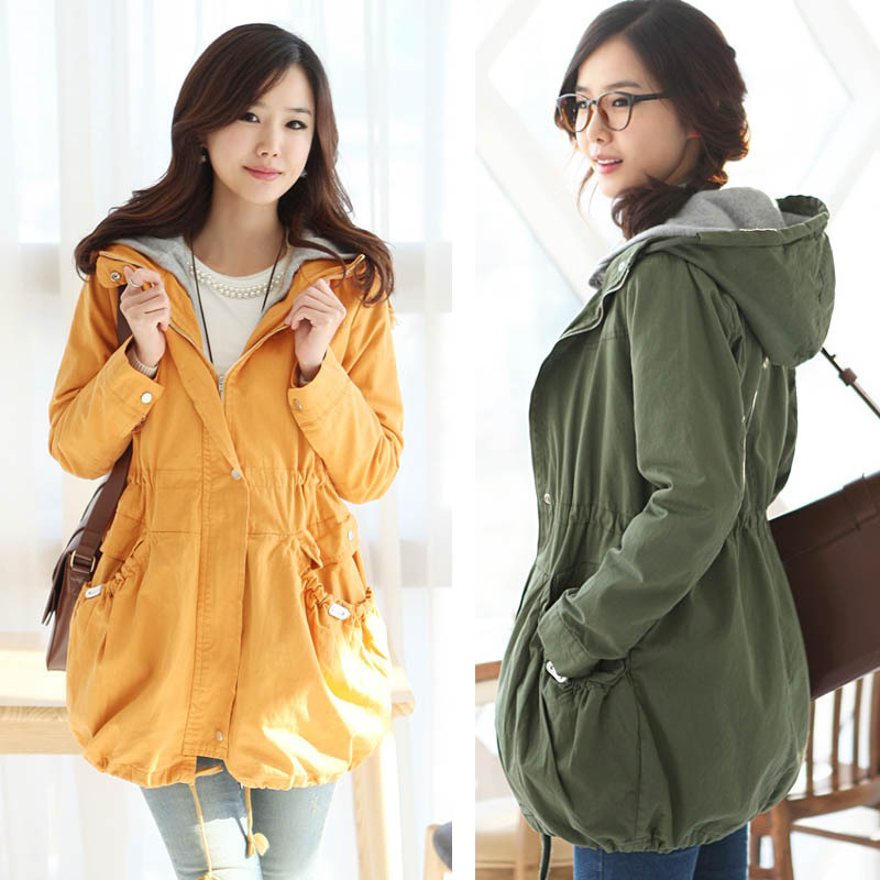 overcoat  with a hood  winter autum ladies' outerwear casual loose armgreen overcoat