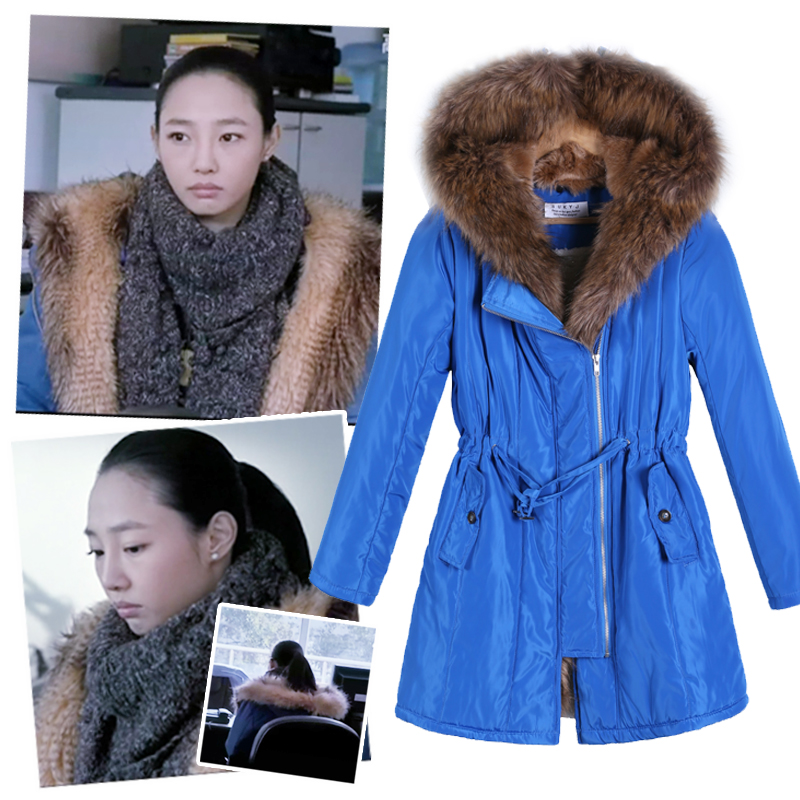 P190 white lily blue cotton overcoat large fur collar winter