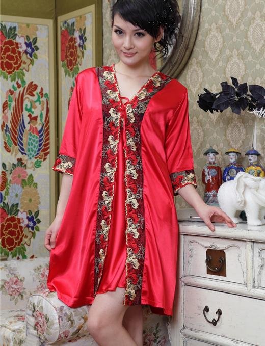 Packet mail springsummer Korean sexy bud silk lady silk pajama condole belt nightgown nightgown married two pieces