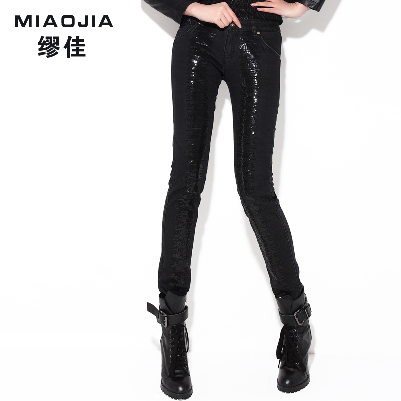 Paillette mj jeans personality thermal thickening plus velvet jeans female skinny pants pencil pants female