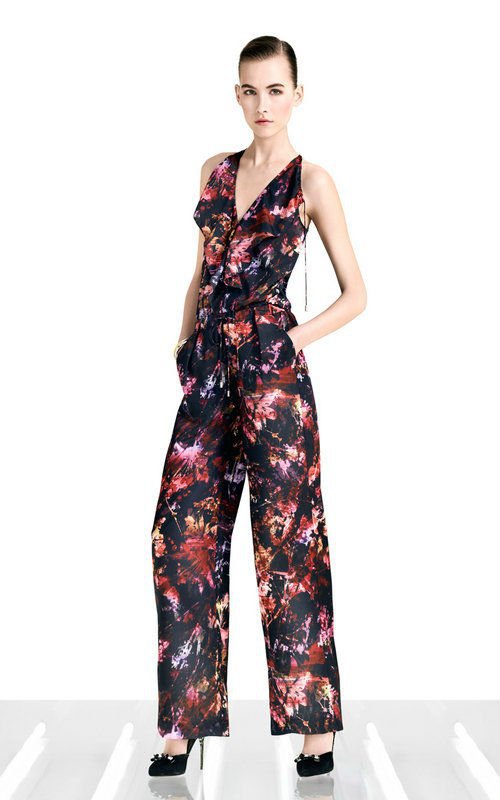 Paint splash floral print full length wide leg jumpsuit with front frill PN127 brand name 2012 new arrival free shipping