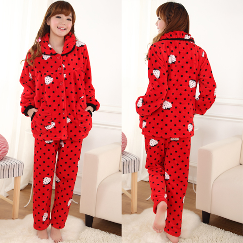 pajamas autumn and winter ceremonized red women's thickening coral fleece sleepwear strawberry lounge set sleepcoat