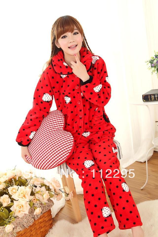 Pajamas,Autumn and winter coral fleece sleepwear female 100% cotton long-sleeve thickening set Free shipping