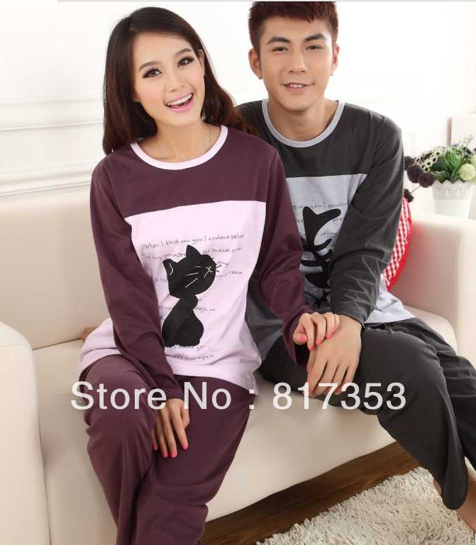 Pajamas for men Knitted cotton Pajama Set jacket + pants Cute cartoon cat eat fish lovers Men and women home furnishing service