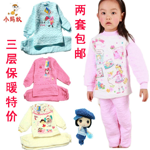 Pajamas Winter 2013 2 set small ant child thermal underwear set 100% cotton female child set child sleep set