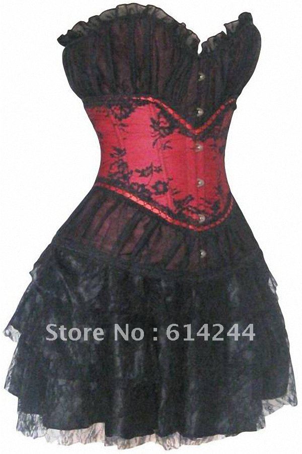 Palace Burlesque Showgirl Black Red Satin Lace Corset Dress Moulin Rouge Skirt S-2XL