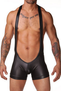 Panties interdiffused silky faux leather nf-l male jumpsuit performance wear black