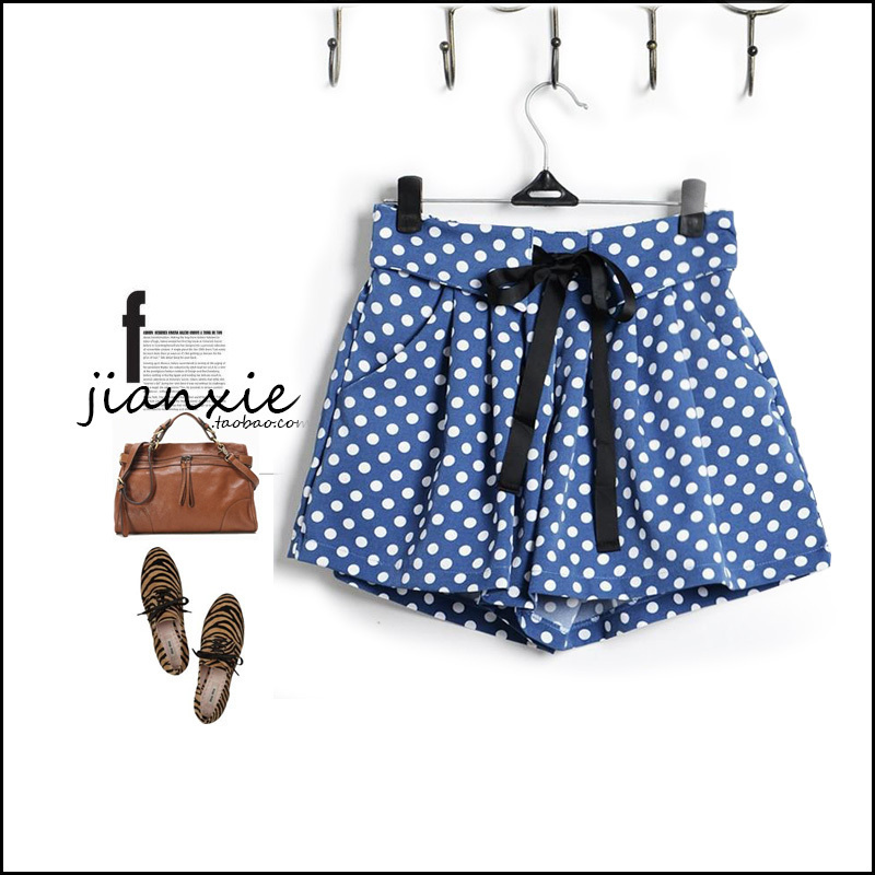 Pants fashion street sweet gentlewomen all-match bow polka dot elastic culottes shorts