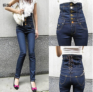 Pants high waist gold buckle decoration classic jeans pencil pants