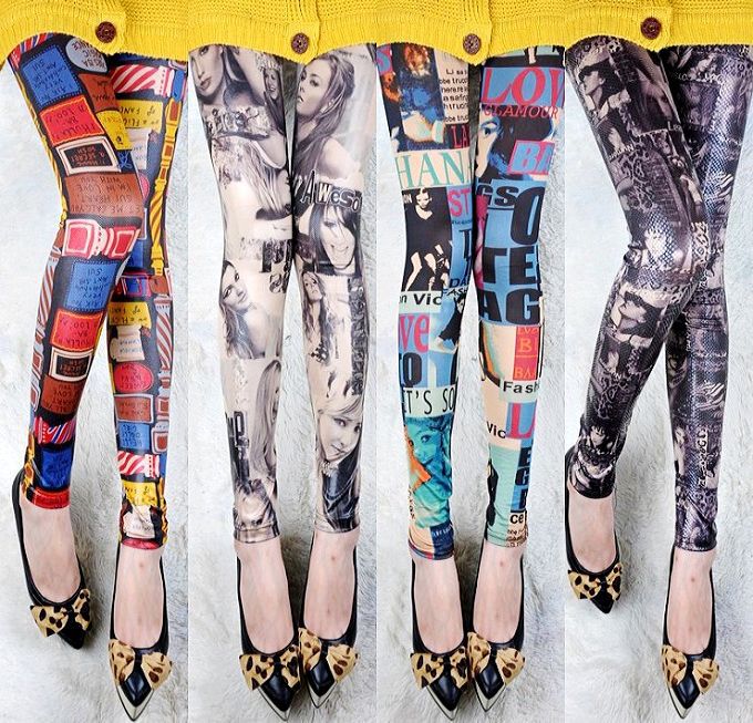 Pants vintage doodle print faux leather pants fashion elastic pants tights legging