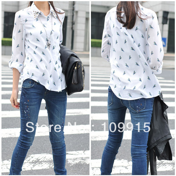 Parrot printing Shirts Rivet Cotton Collar Lapel Blouses Perspective Long Sleeve  CY0323