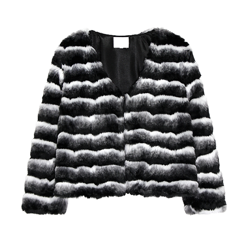 Partysu ladies gradient color stripe fur faux wrist-length sleeve short jacket cardigan