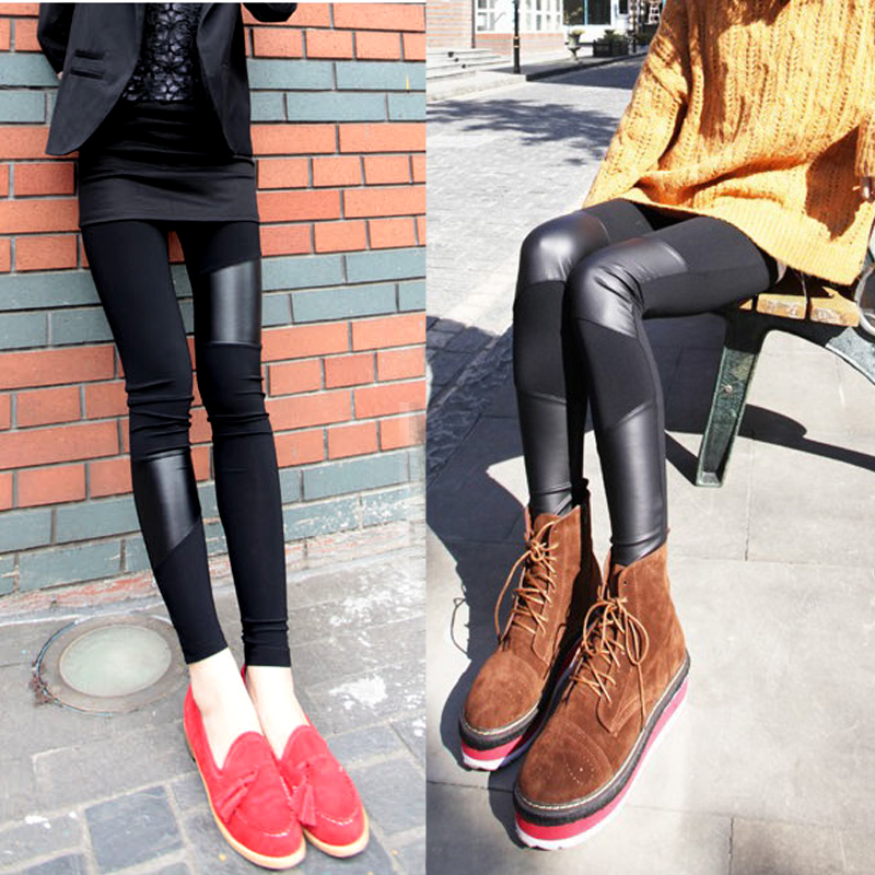 Patchwork 2013 color block legging female personality irregular slim PU faux leather pants thin