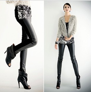 Patchwork 2013 pencil pants thickening skinny pants plus size winter legging trousers PU faux leather trousers pants