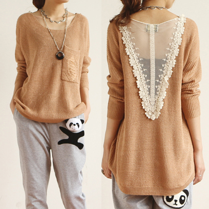 Patchwork cutout pocket loose sweater 12054 free shipping