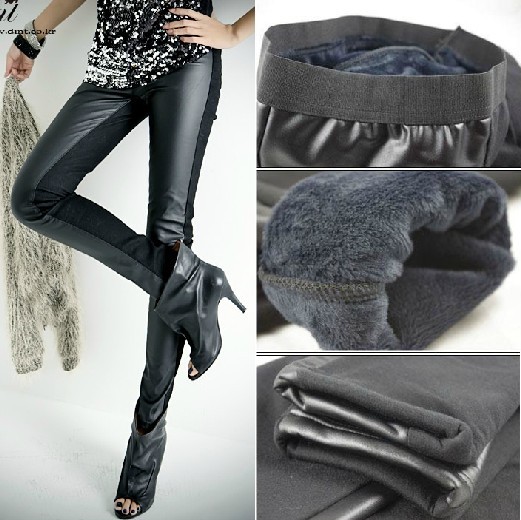 Patchwork faux leather pants autumn and winter thickening add velvet legging faux leather boot cut jeans long trousers