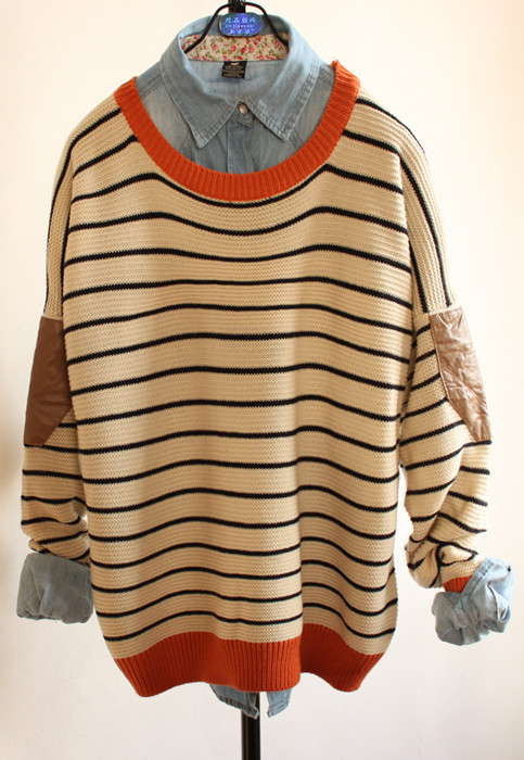 Patchwork fresh color block stripe sweater outerwear female loose batwing sleeve pullover sweater