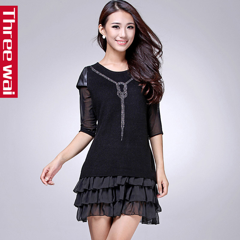 Patchwork leather threewai2012 lace fashion slim sweet one-piece dress women's