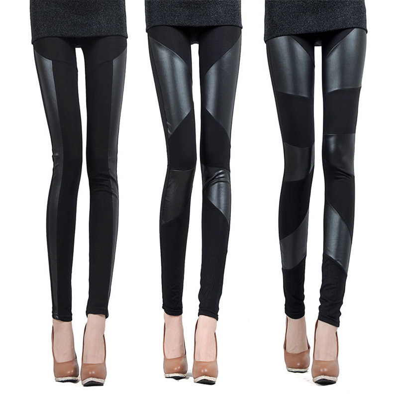 Patchwork legging fashion faux leather pants cotton patchwork 100% legging female thin