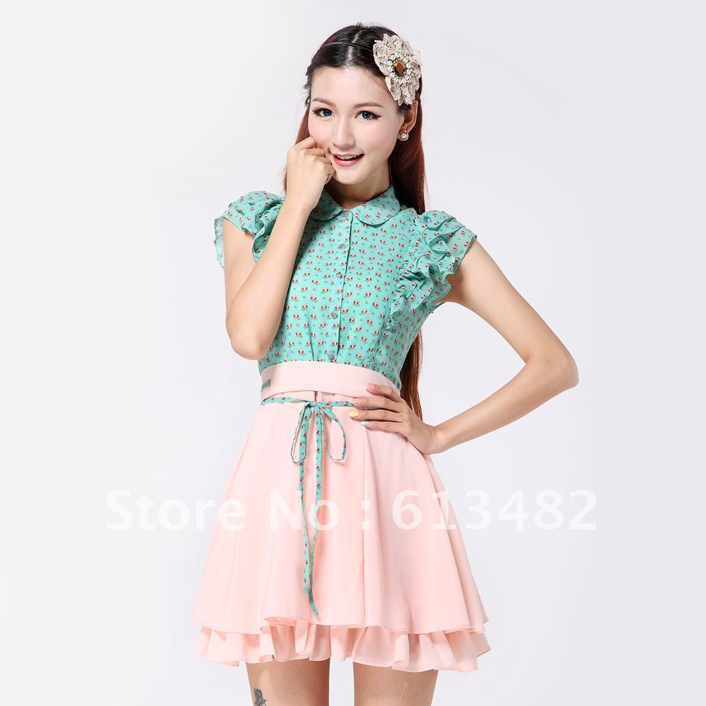 Patchwork slim peter pan collar ruffle fresh mint green faux two piece m22l431