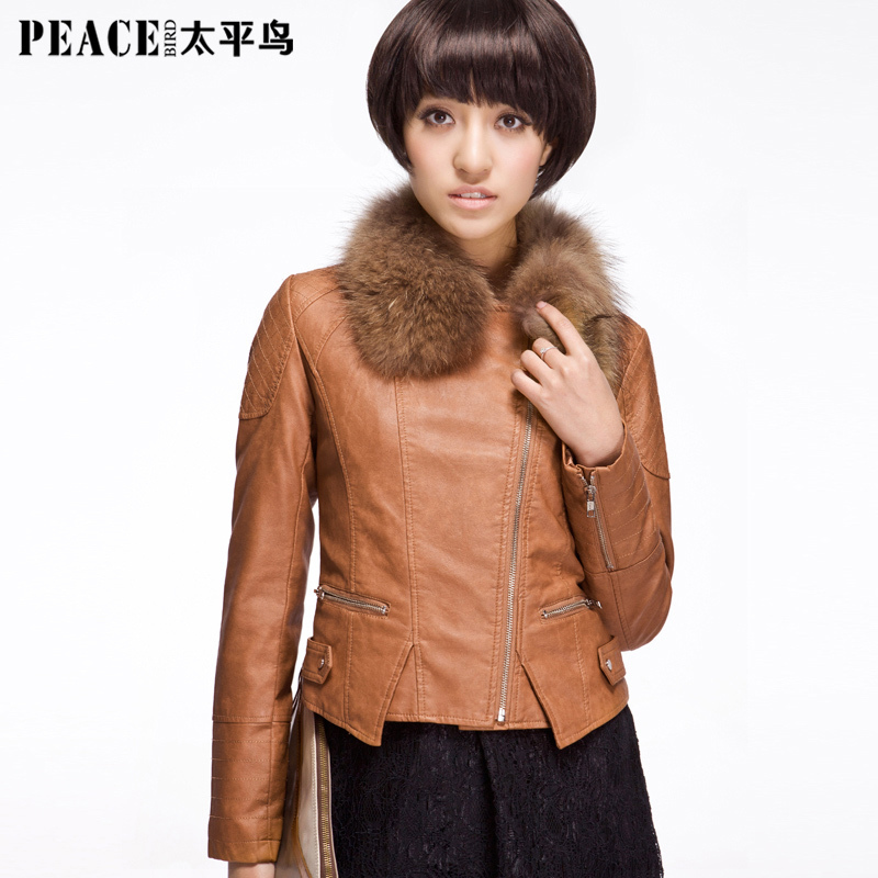 PEACEBIRD women's autumn and winter fur collar outerwear PU fashion slim leather clothing female ae1253124