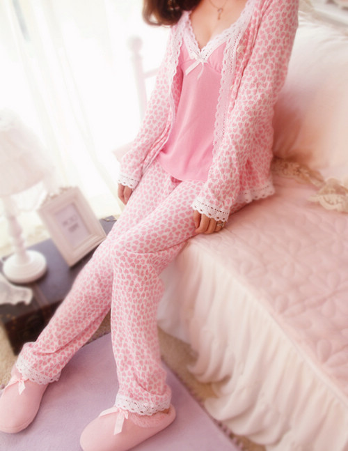 Peachhoney sweet cotton lace cardigan spaghetti strap trousers 100% cotton sleep set triangle set 8981