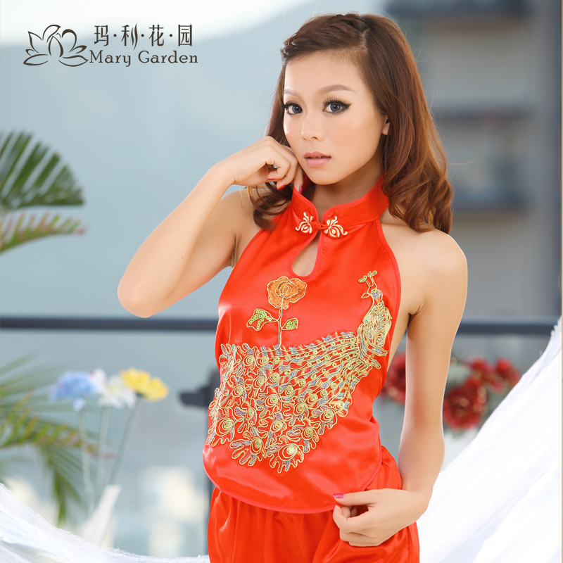 Peacock embroidery sexy women's adult marry red faux silk apron national trend