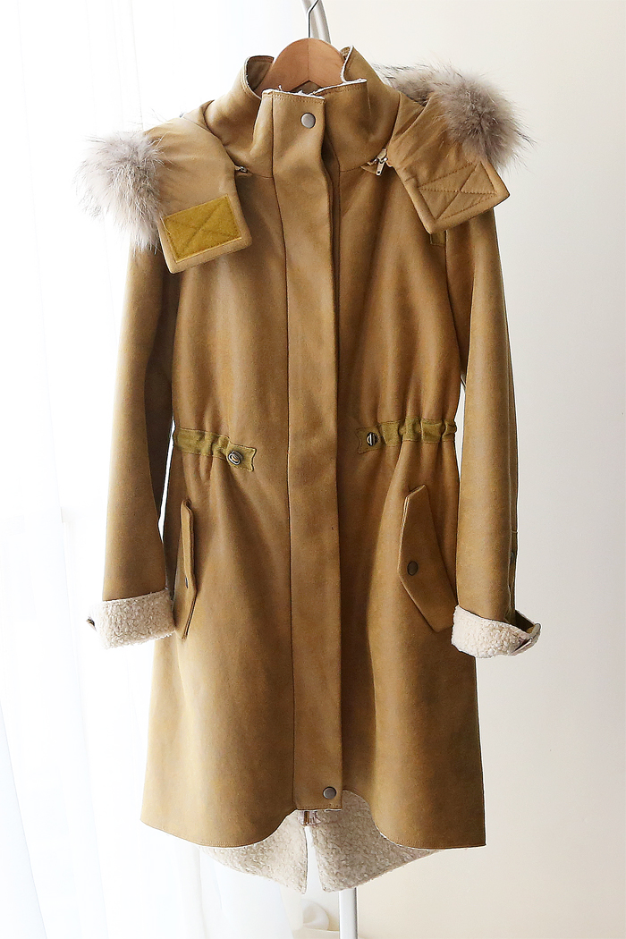 Pearl leather scrub with a hood waist sheep one piece wool outerwear cotton-padded jacket