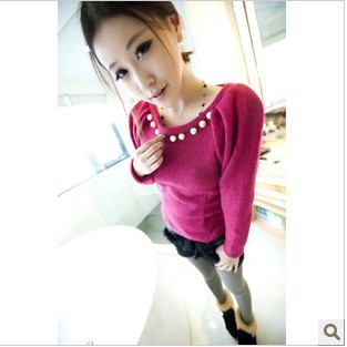 Pearl neckline pleated needle sweater 4 long-sleeve slim basic top female free shipping