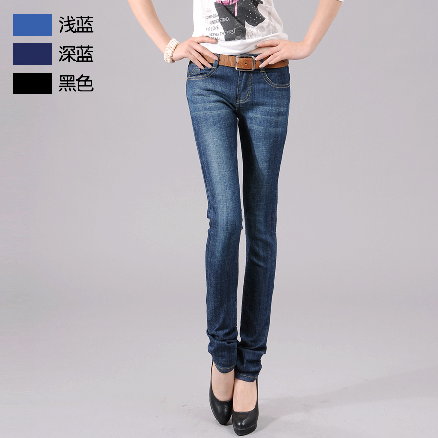 Pencil pants skinny pants jeans elastic plus size trousers wearing white water wash mid waist retro finishing dark color